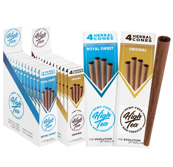 2 High Tea herbal cone cartons and pouches and 4 cones